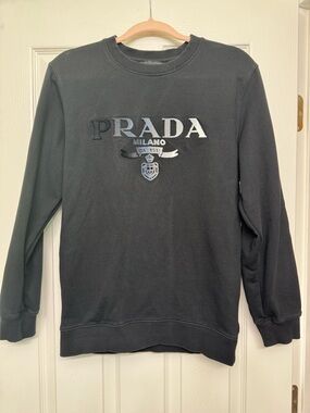 Prada Black Crewneck Cotton Sweatshirt with Embroidered Logo